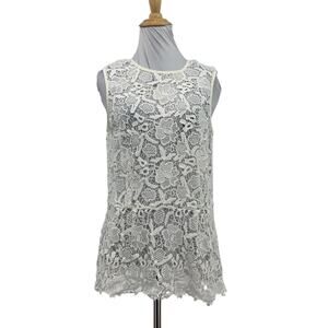 Cabi Top Womens M Medium White Open Knit Needle Lace Sleeveless Peplum Tank